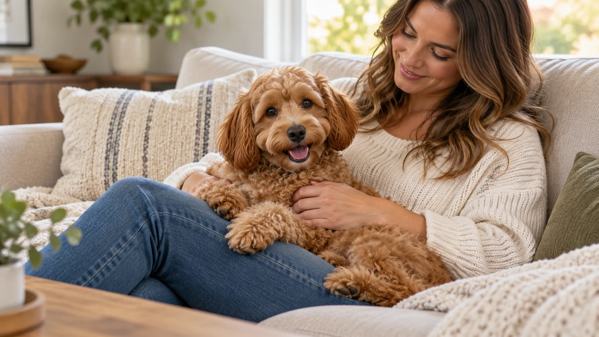 Goldendoodle köpek — sahibinin kucağında
