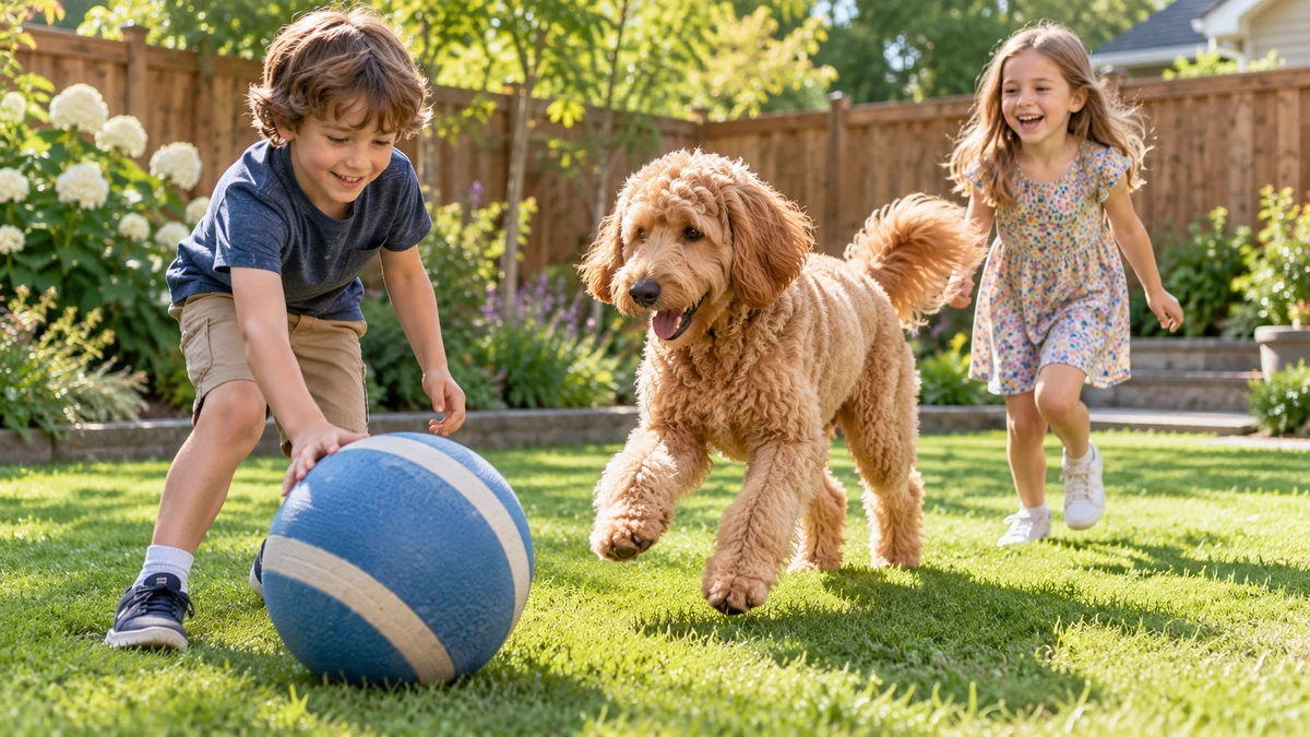 Goldendoodle köpek — çocuklarla oyun