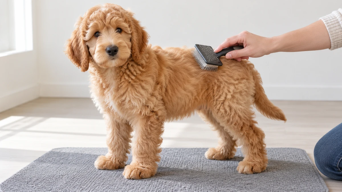 Goldendoodle yavru köpek — tüy bakımı ve fırçalama