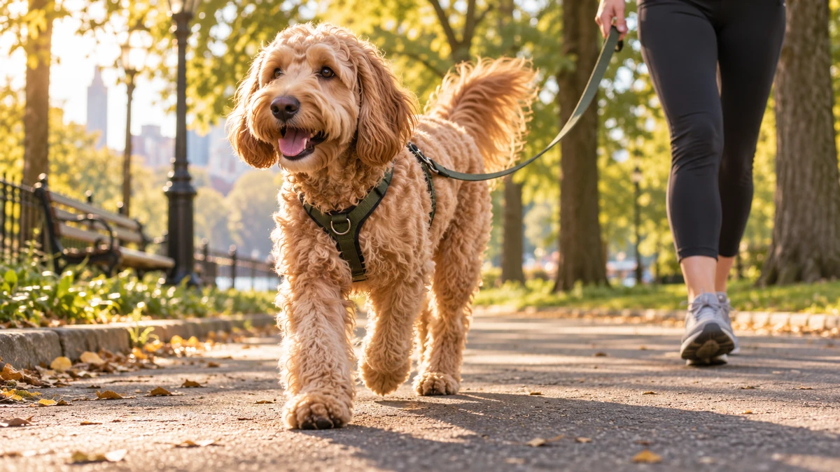 Goldendoodle köpek — parkta yürüyüş ve egzersiz